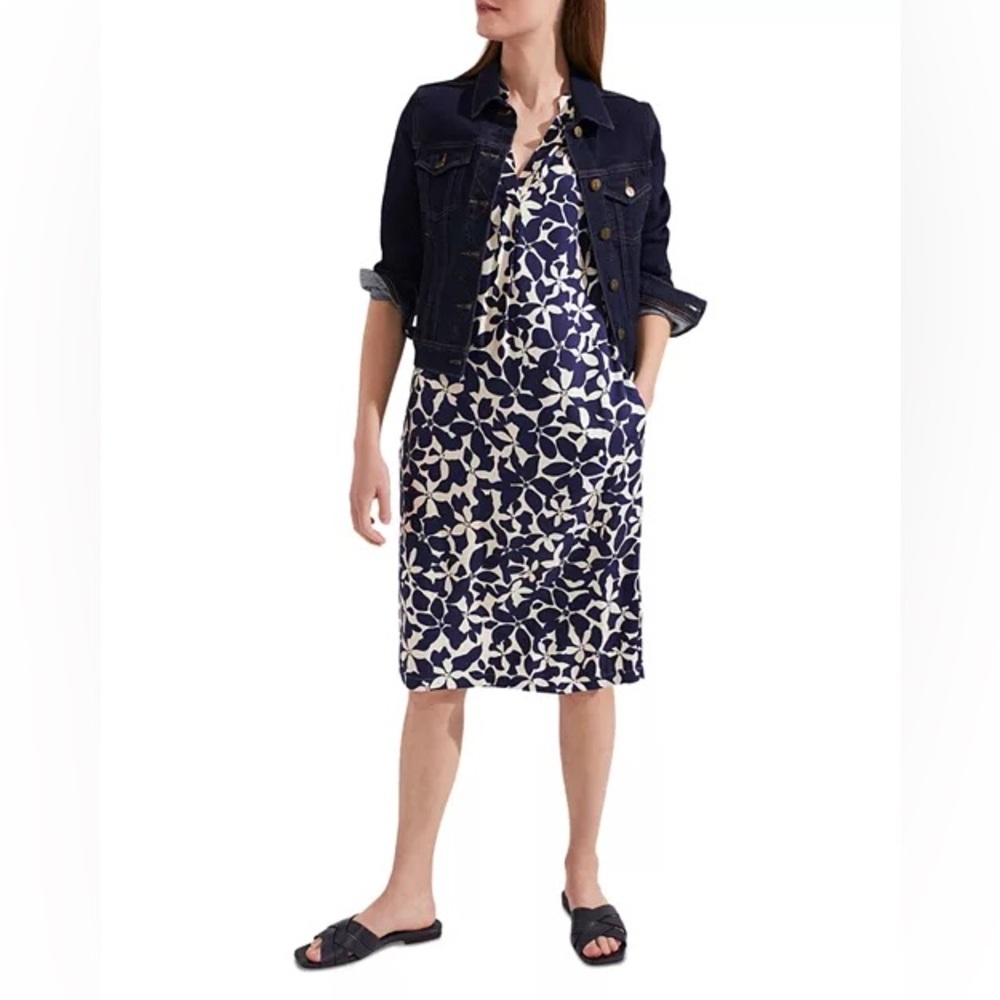 Hobbs London Lucille Dress Navy Cream Short Sleeve Split Neck Flowy Chic Floral